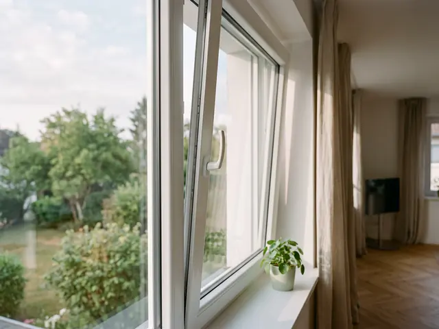 Weißes Dreh-Kipp-Fenster in Kippstellung in einem hellen Wohnraum