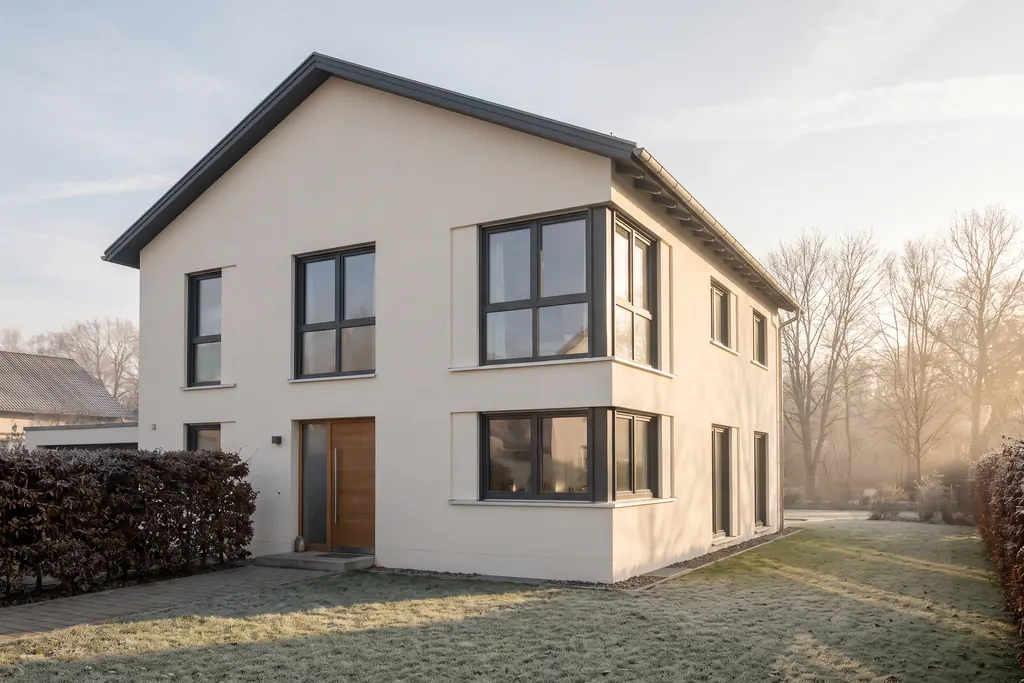 Einfamilienhaus mit heller Putzfassade und anthrazitfarbenen Fenstern an einem frostigen Herbstmorgen