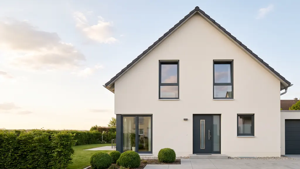 Einfamilienhaus mit Satteldach, heller Putzfassade und anthrazitfarbenen Fenstern