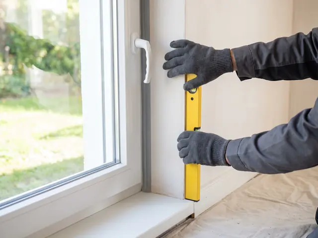 Hände in Arbeitshandschuhen halten eine Wasserwaage an die Laibung neben einem weißen Kunststofffenster