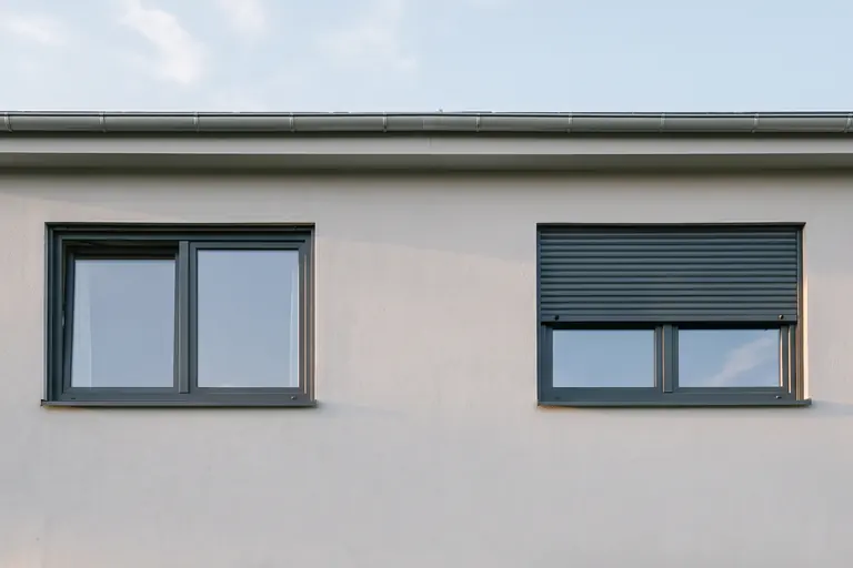 Helle Putzfassade mit zwei anthrazitfarbenen Fenstern, rechts mit halb heruntergelassenem Rollladen