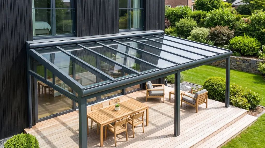 Terrassenüberdachung mit Glasdach und anthrazitfarbenen Profilen über einer Holzterrasse mit Sitzgruppe